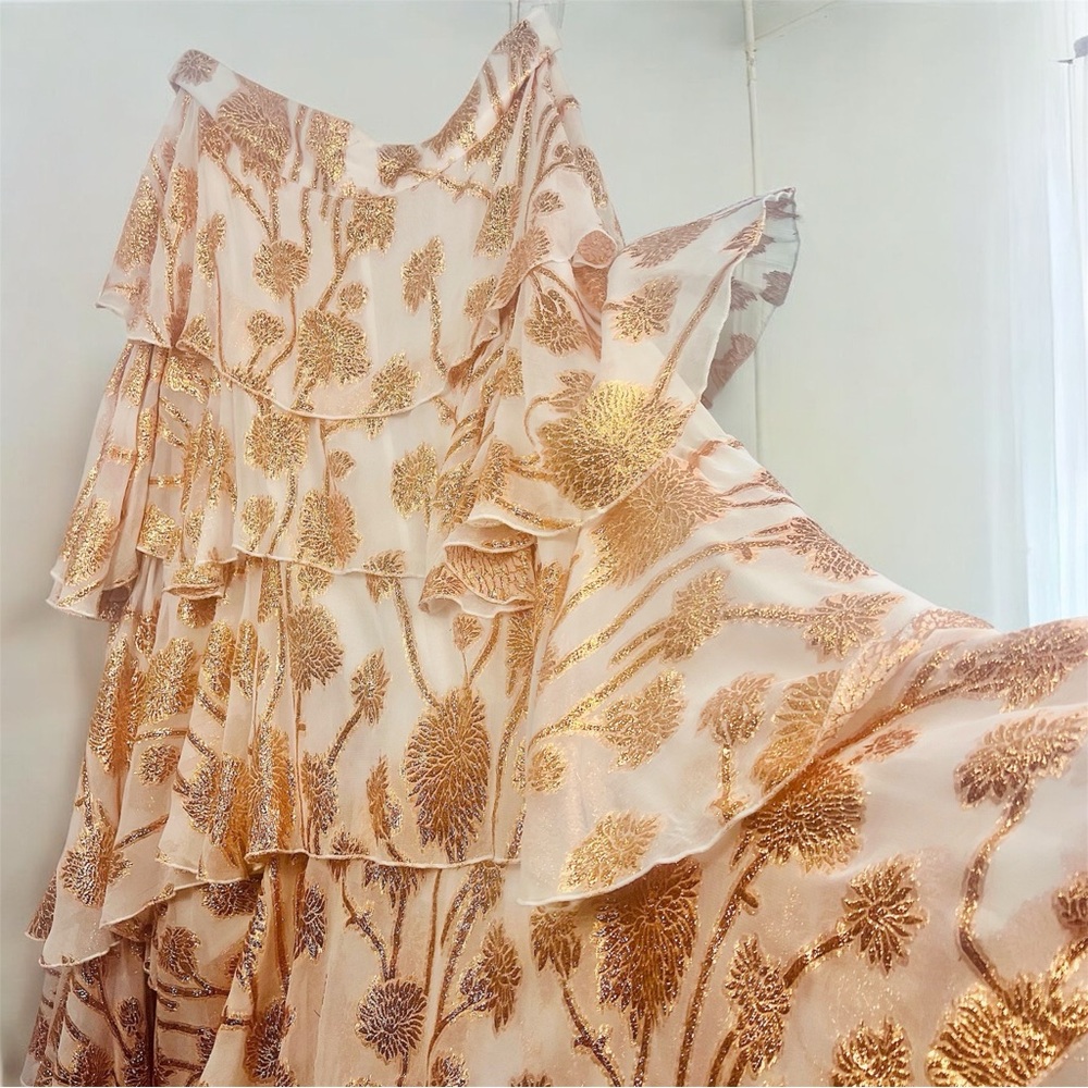 Alexandra Miro Cordelia Tiered Ruffle Maxi Skirt Gold Metallic Floral Large L - Picture 9 of 14
